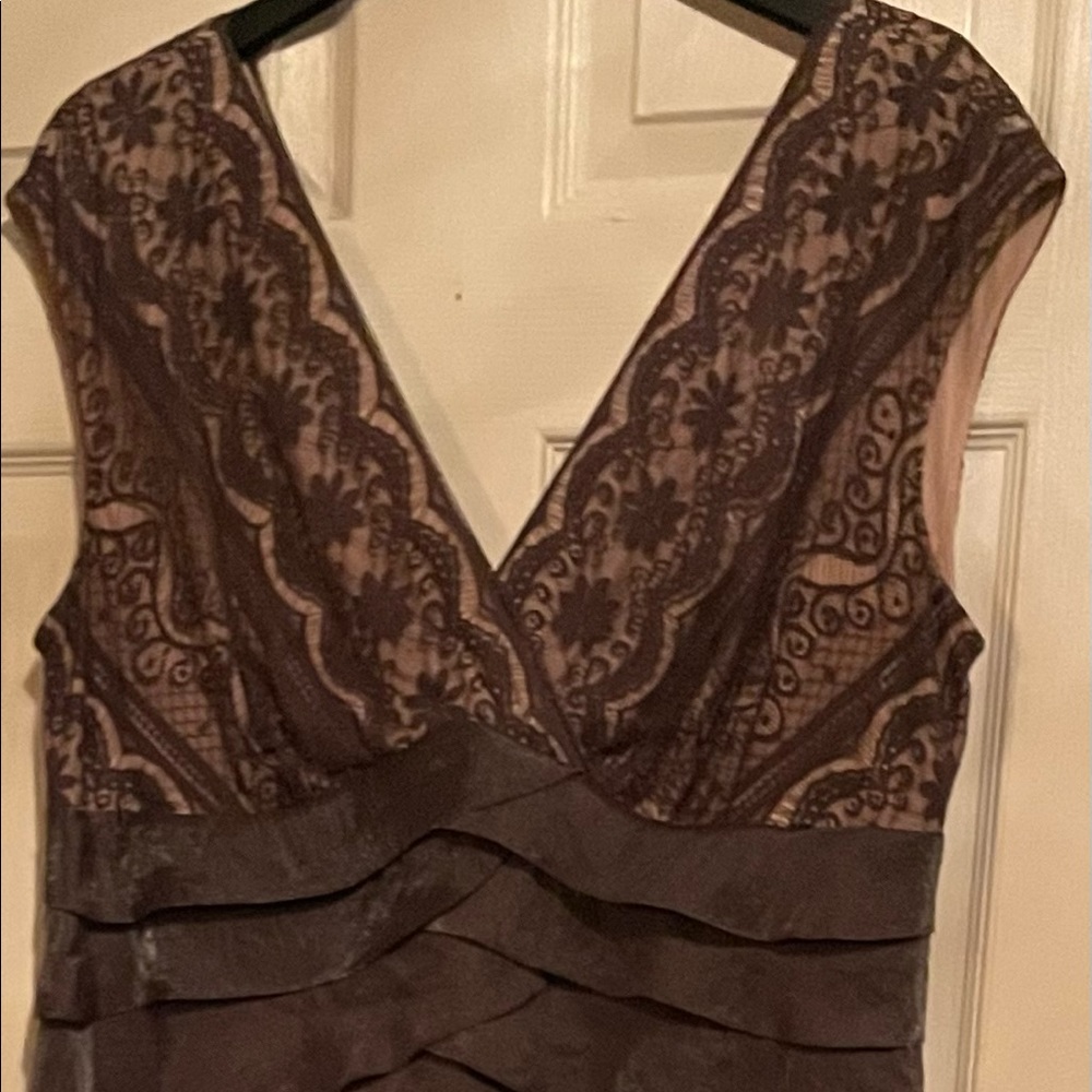 Adrianna Papell Evening Dress Pit to Pit 23” shoulder down 41” Bronze & Brown